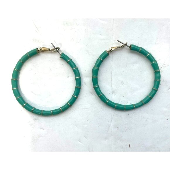 Turquoise Enamel Segmented Hoop Earrings With Omega Backs 1.75" Diameter - Picture 5 of 6